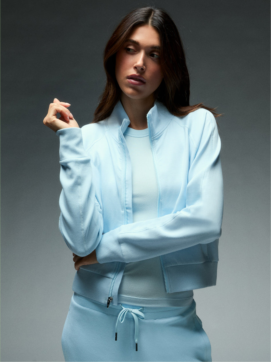 Arctic Blue Women's Cropped Zip Jacket - Upper Body Detail On Model | Greyson Clothiers